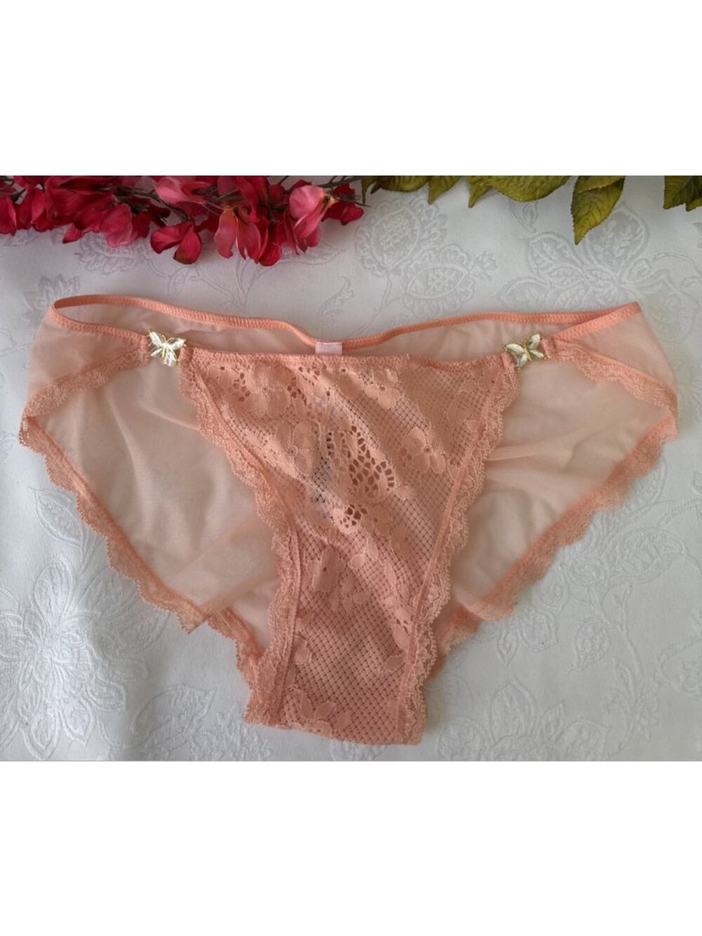 VICTORIA'S SECRET S DREAM ANGELS BUTTERFLY CHARM BLING RUCHED PEACH PANTIES NWT